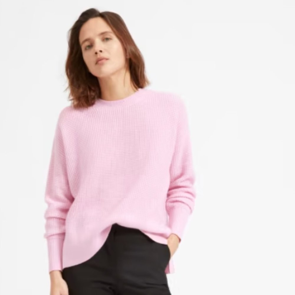 Everlane 100% Cashmere Cool Pink Waffle-knit Square Crew Sweater